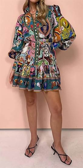 Women's Long Puff Sleeve Turtleneck Printed Button  Party Blouse Dress