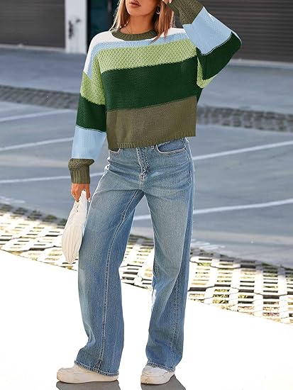 Womens Color Block Cropped  Striped Sweaters