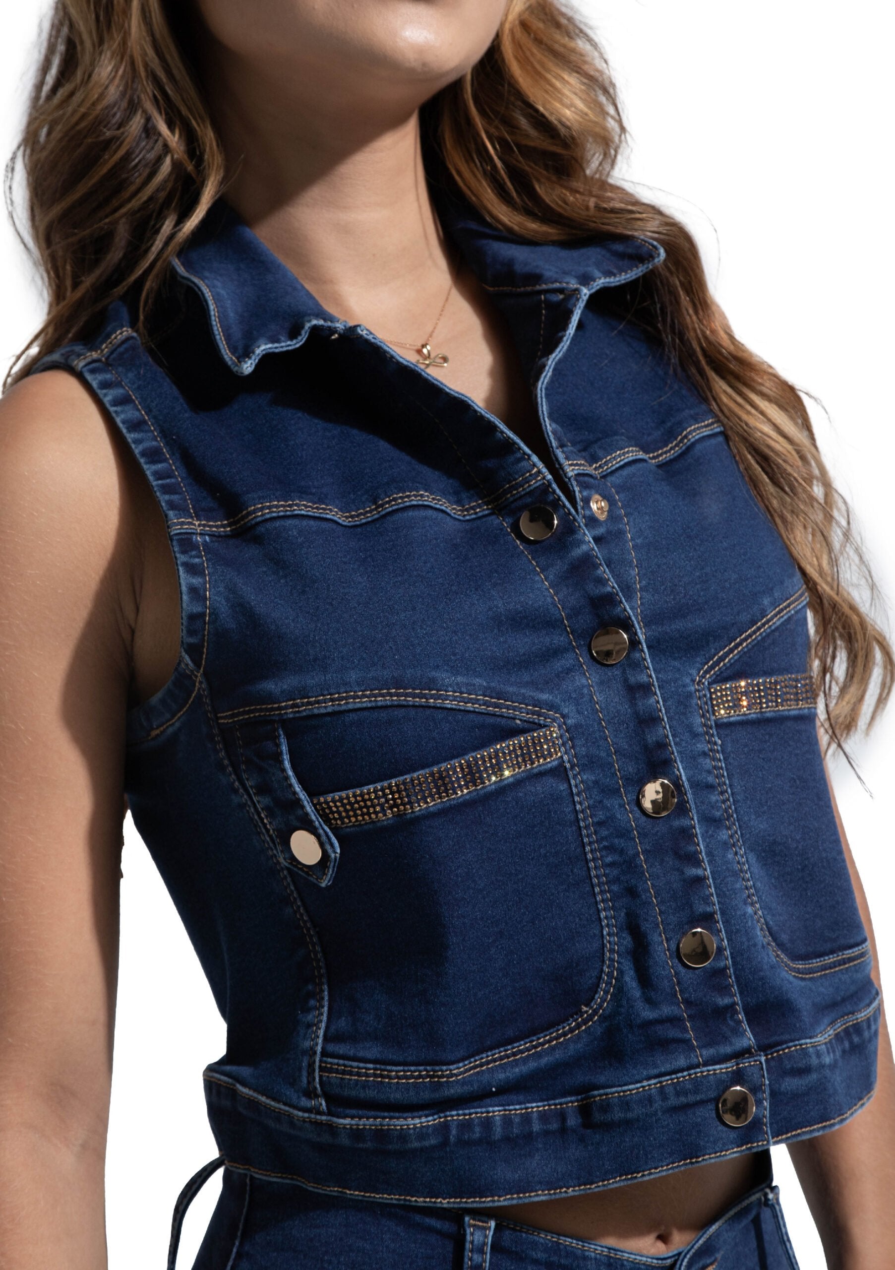 Hot rhinestone sleeveless denim top & Butt Lift Jeans Set