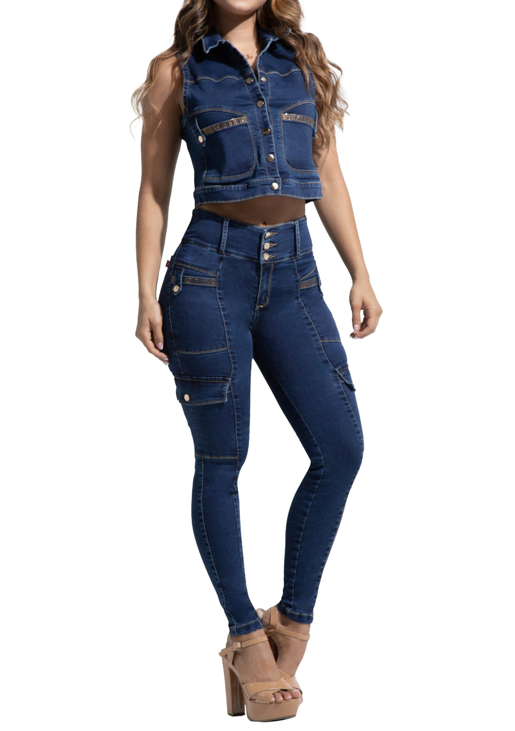 Hot rhinestone sleeveless denim top & Butt Lift Jeans Set