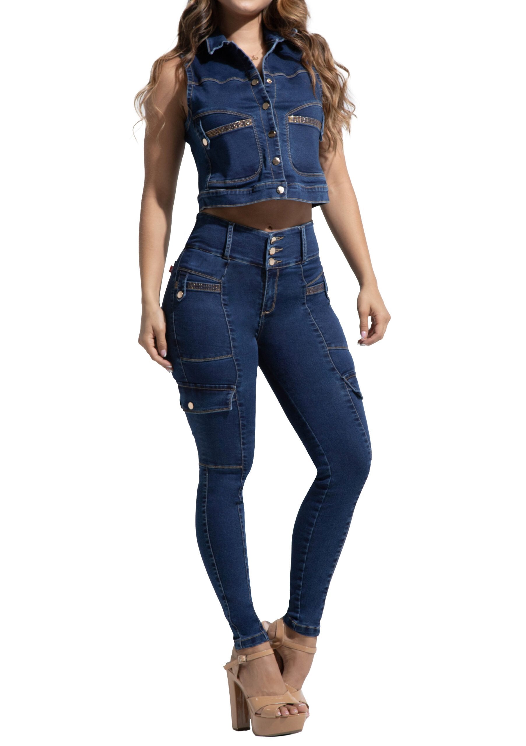 Hot rhinestone sleeveless denim top & Butt Lift Jeans Set