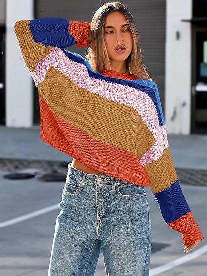 Womens Color Block Cropped  Striped Sweaters