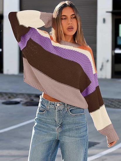 Womens Color Block Cropped  Striped Sweaters