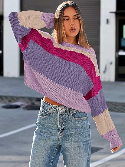 Womens Color Block Cropped  Striped Sweaters