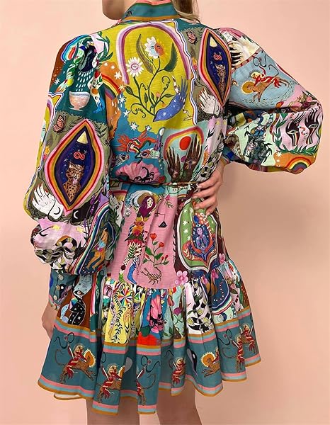 Women's Long Puff Sleeve Turtleneck Printed Button  Party Blouse Dress