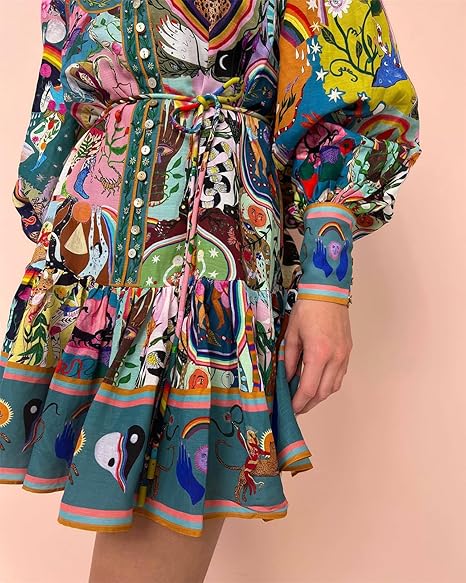 Women's Long Puff Sleeve Turtleneck Printed Button  Party Blouse Dress