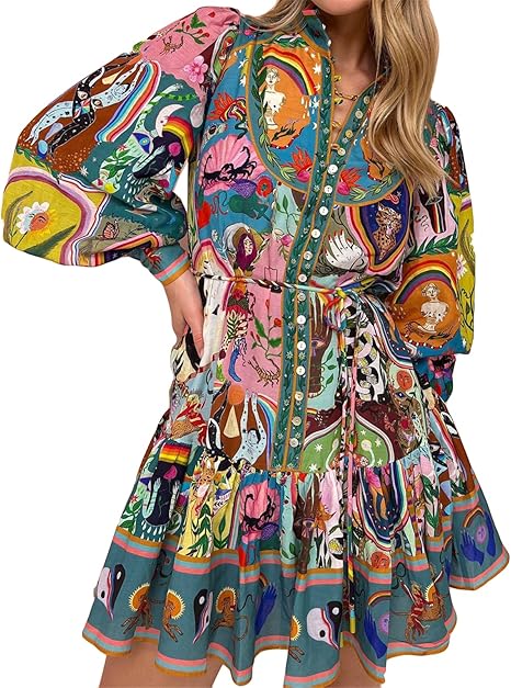 Women's Long Puff Sleeve Turtleneck Printed Button  Party Blouse Dress
