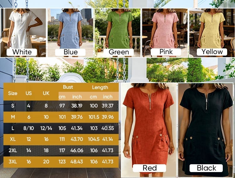 Zipper Pocket Cotton Linen Dress