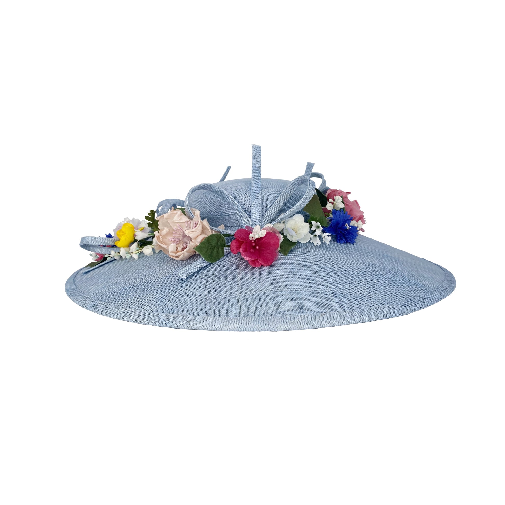 Pale blue fine straw bell with multi-colour flowers