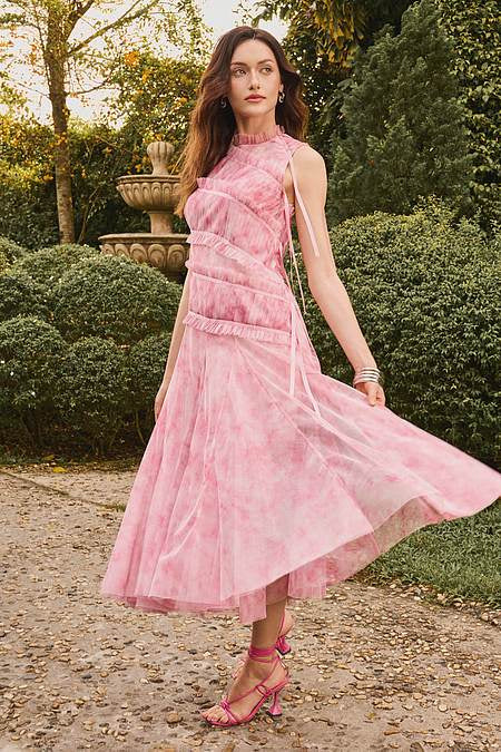 Pink Nylon High Neck Freda Tie Dye Tulle Midi Dress