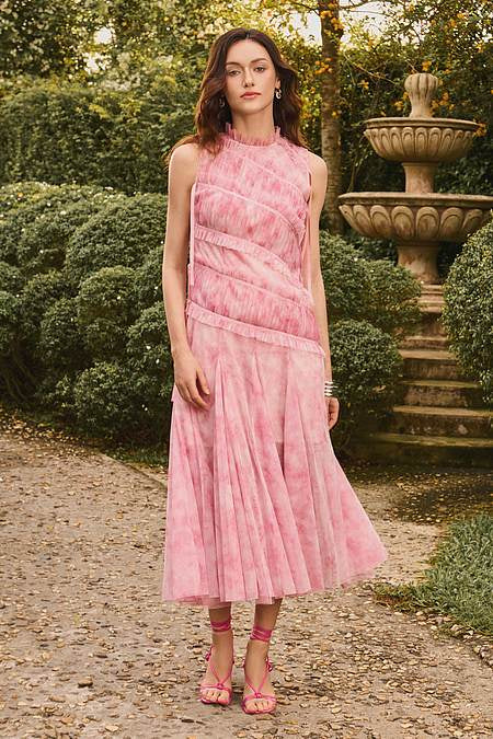 Pink Nylon High Neck Freda Tie Dye Tulle Midi Dress