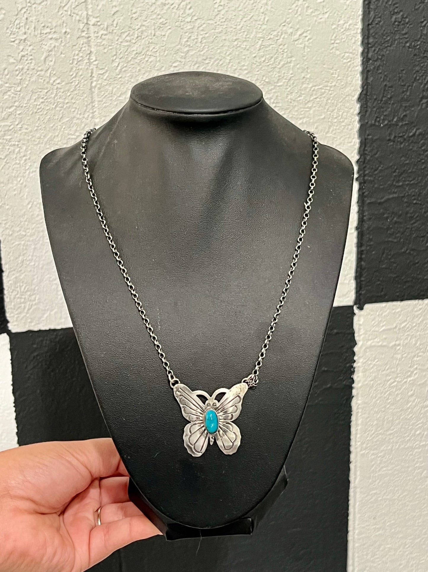 Turquoise Silver Butterfly Necklace