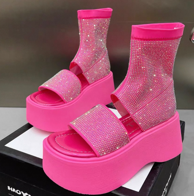 Summer Rhinestone Stretch Boots With A Platform Bottom