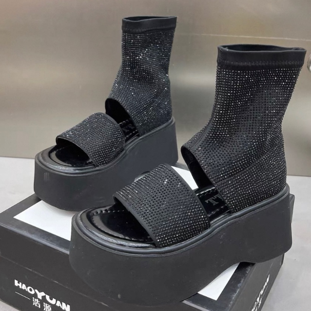 Summer Rhinestone Stretch Boots With A Platform Bottom