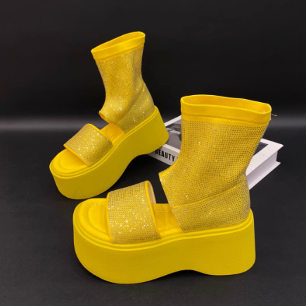 Summer Rhinestone Stretch Boots With A Platform Bottom