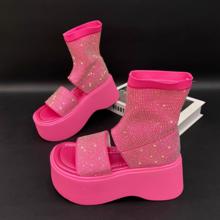 Summer Rhinestone Stretch Boots With A Platform Bottom
