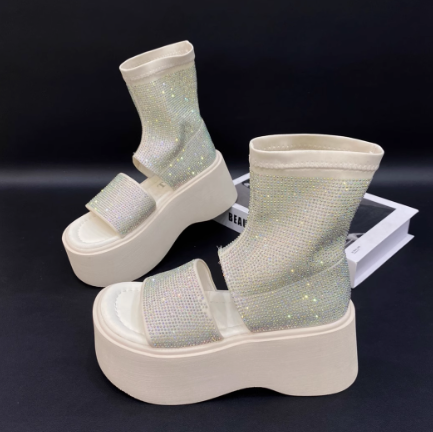 Summer Rhinestone Stretch Boots With A Platform Bottom