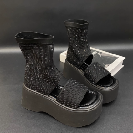 Summer Rhinestone Stretch Boots With A Platform Bottom