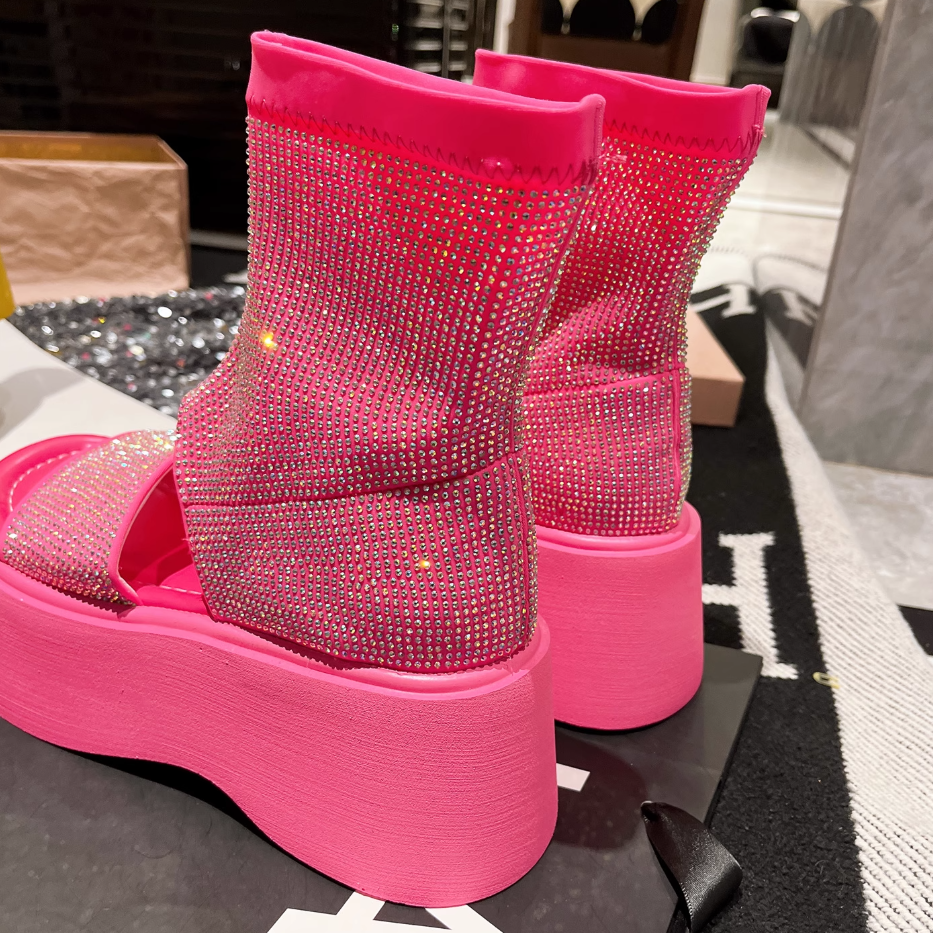 Summer Rhinestone Stretch Boots With A Platform Bottom
