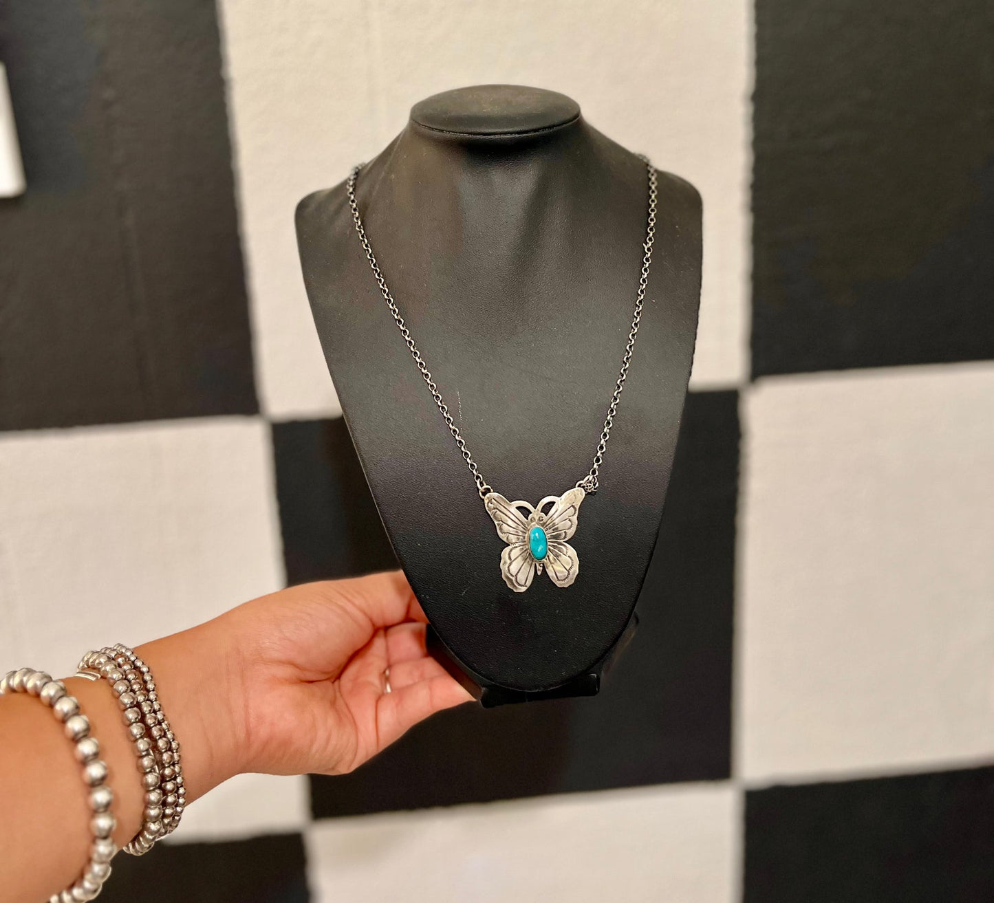 Turquoise Silver Butterfly Necklace