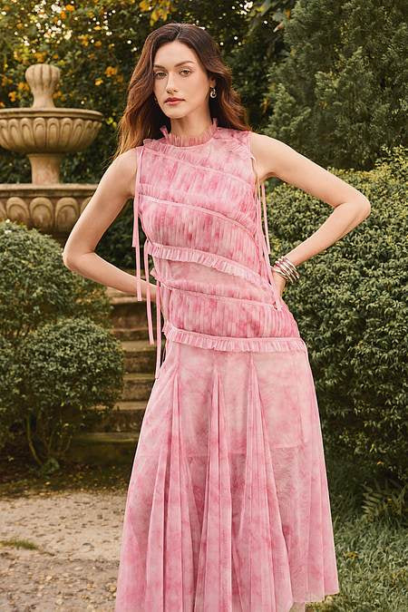 Pink Nylon High Neck Freda Tie Dye Tulle Midi Dress