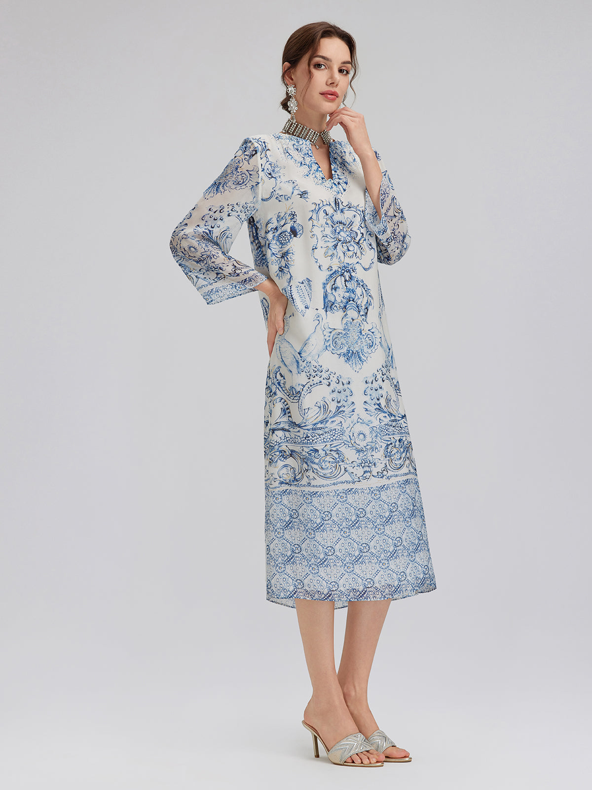 Silk Italian Floral Printed V-Neckline Dress