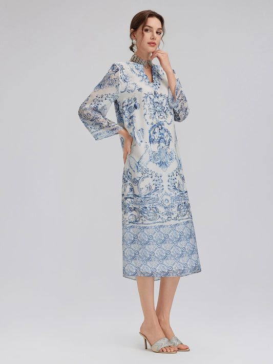 Silk Italian Floral Printed V-Neckline Dress