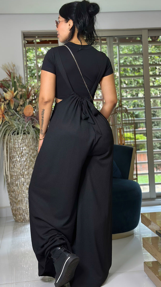 Woven Tie Back Suspender Jumpsuit