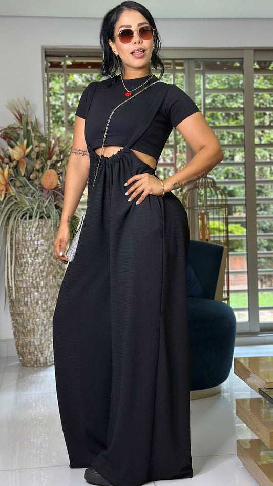 Woven Tie Back Suspender Jumpsuit