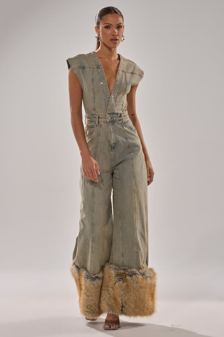 DENIM FUR JUMPSUIT IN VINTAGE BLUE