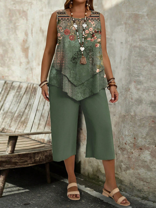 Floral Print Round Neck Tank Top & Wide Leg 3/4 Pants 2 Pieces Set