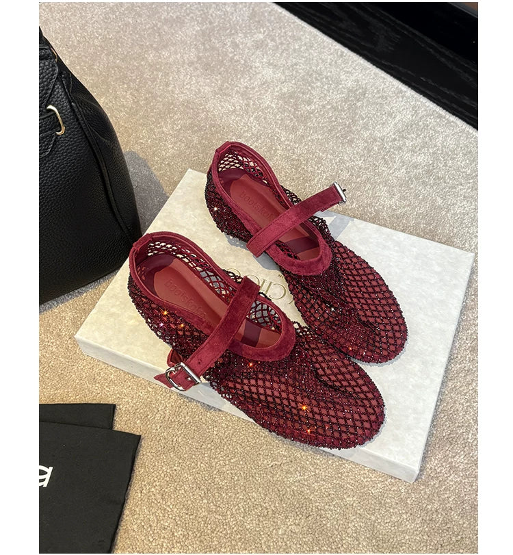 Ankle Strap Fishnet Rhinestone Ballet Flats Mary Jane