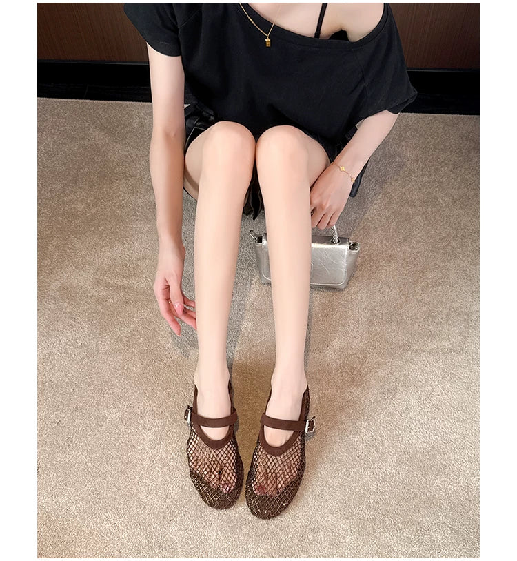 Ankle Strap Fishnet Rhinestone Ballet Flats Mary Jane