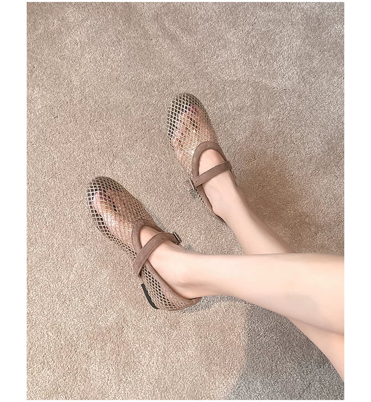 Ankle Strap Fishnet Rhinestone Ballet Flats Mary Jane