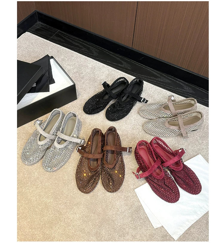 Ankle Strap Fishnet Rhinestone Ballet Flats Mary Jane