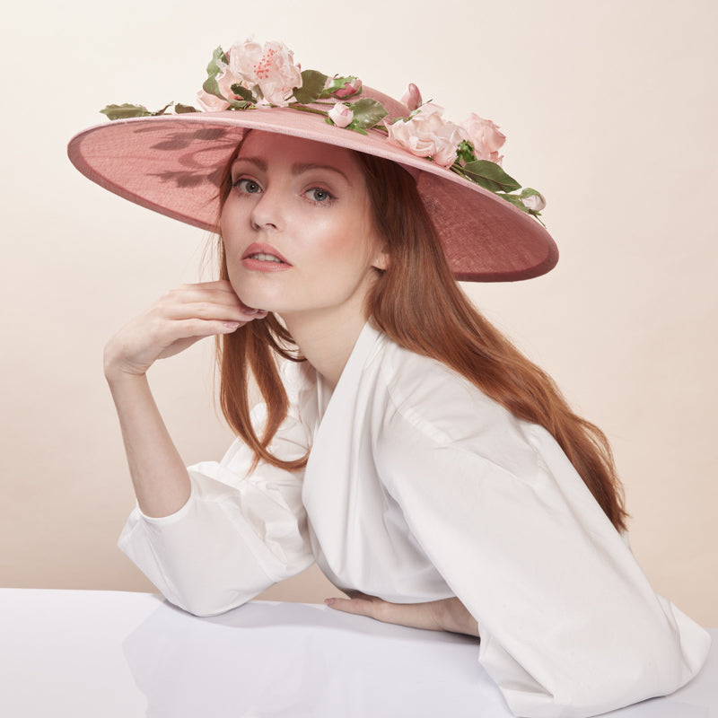 Coral downbrim with silk roses and buds