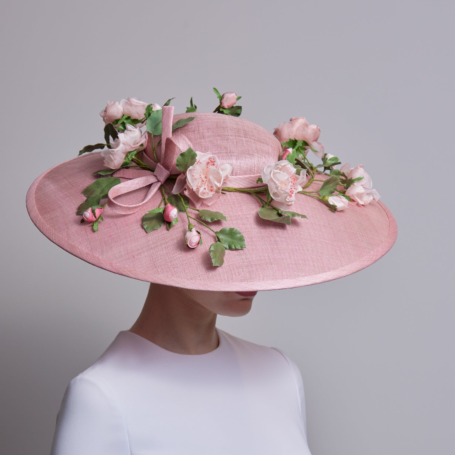 Coral downbrim with silk roses and buds