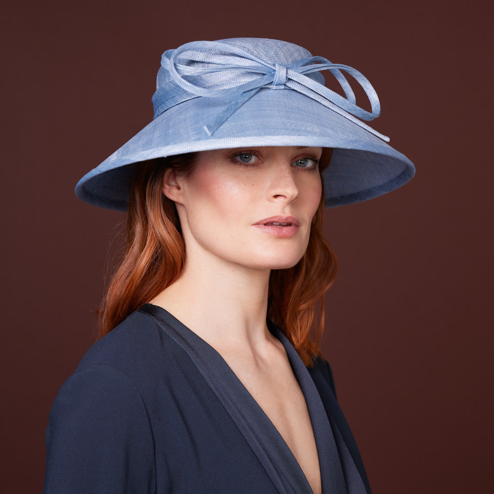 Light blue fine straw downbrim with bow