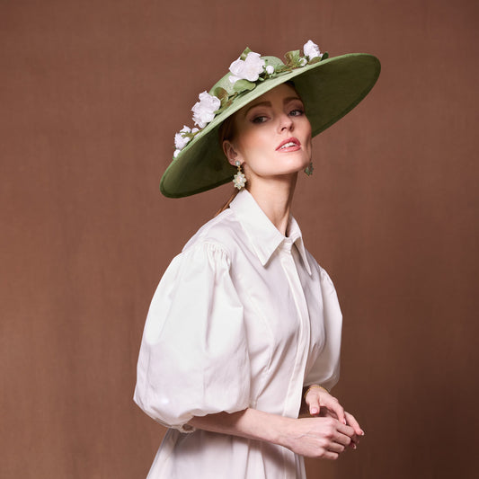 Soft green fine straw cut through with organza flowers