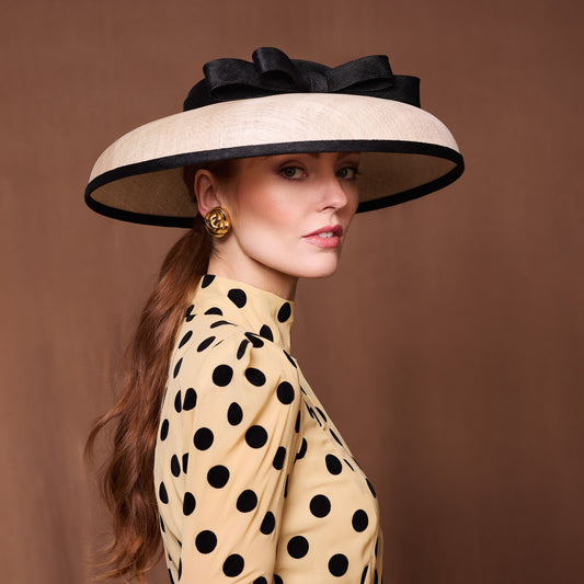 Natural and black fine straw bell with flat bow