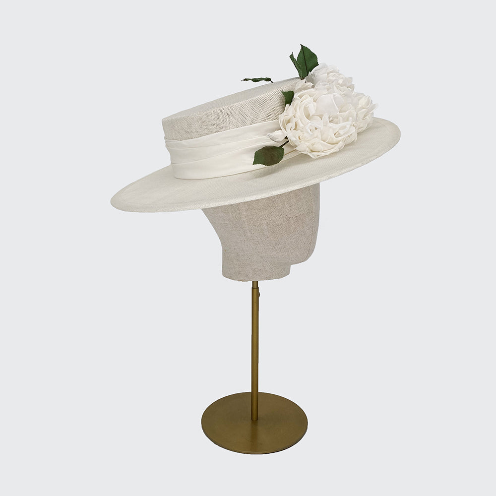 White fine straw boater with silk roses