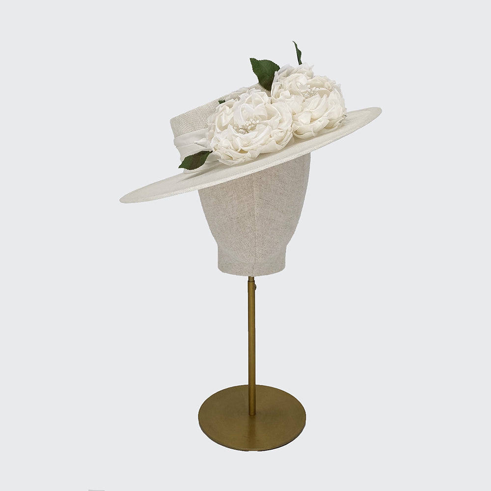 White fine straw boater with silk roses