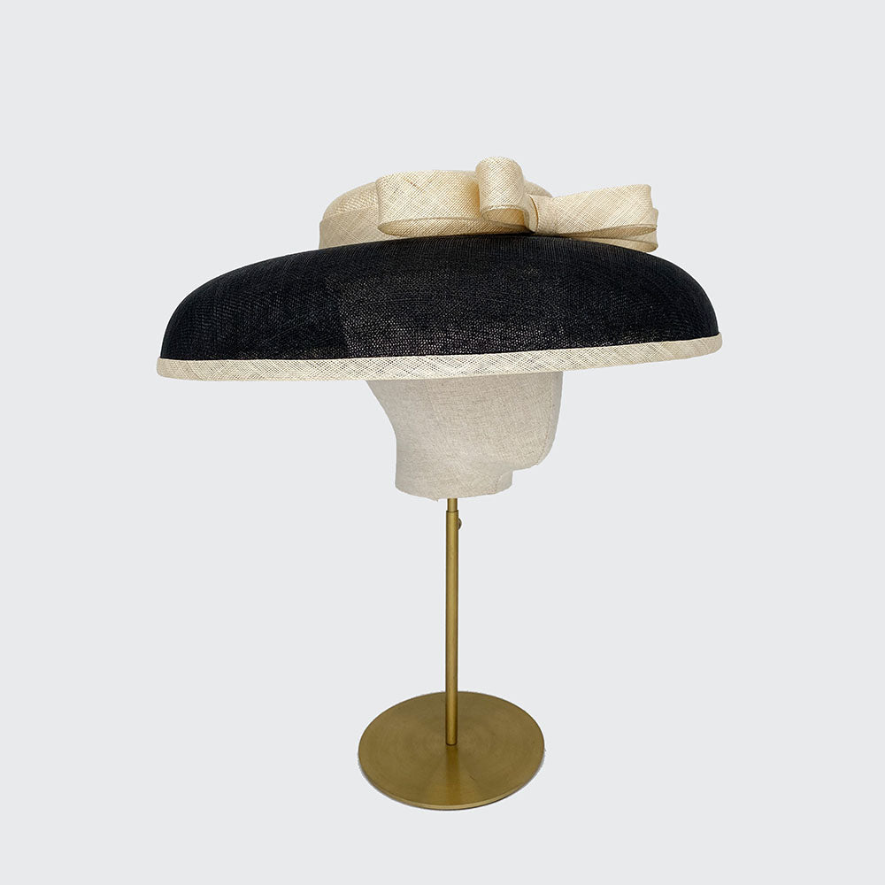 Natural and black fine straw bell with flat bow