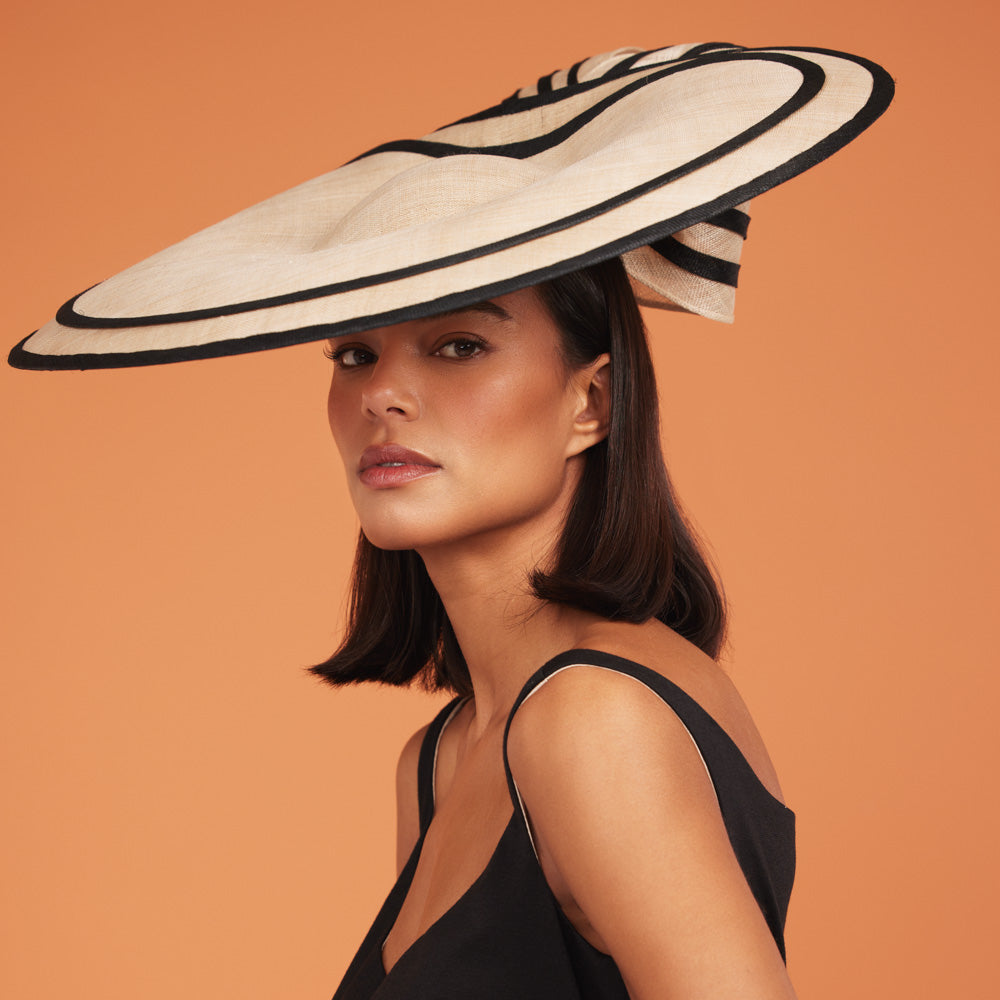 Natural and black picture hat with striped bow