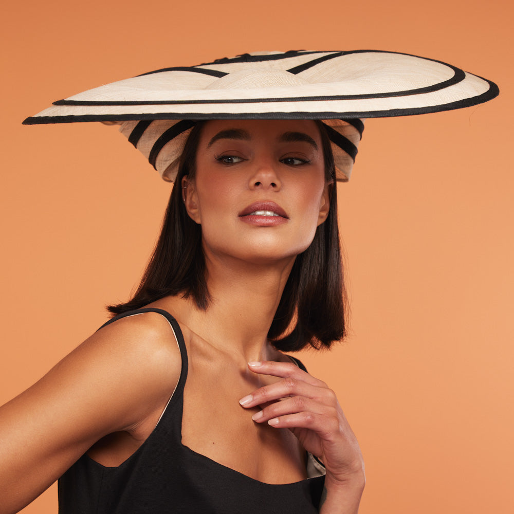 Natural and black picture hat with striped bow