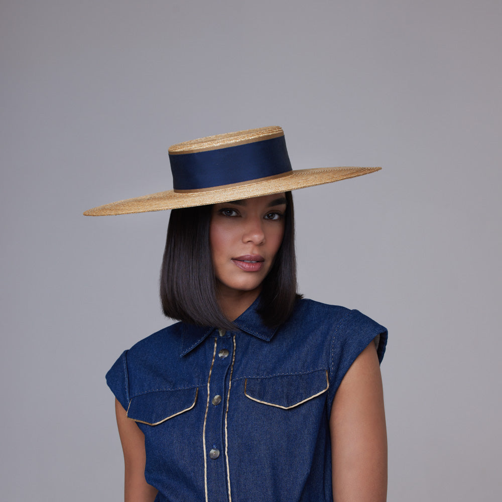 Italian straw boater with navy grosgrain band