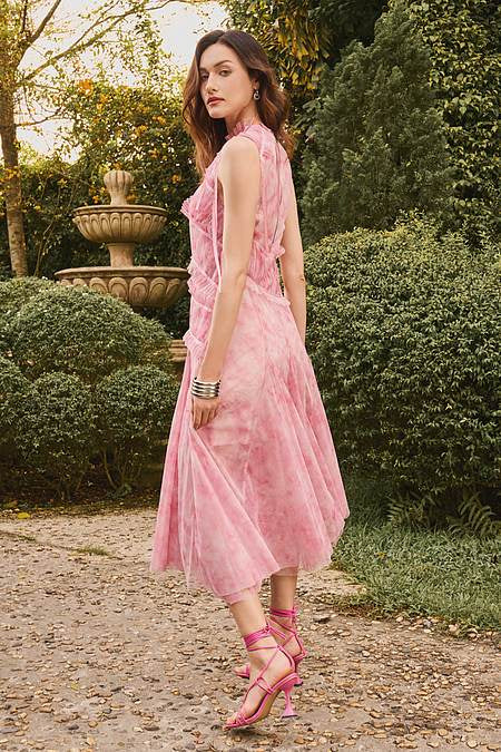 Pink Nylon High Neck Freda Tie Dye Tulle Midi Dress