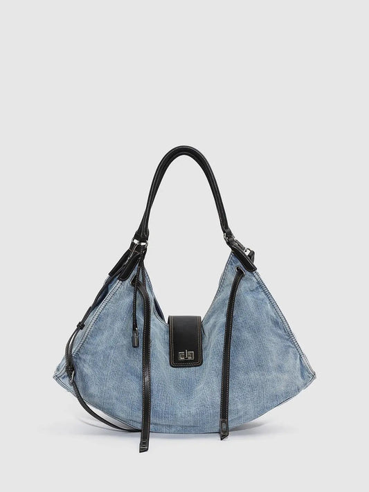 Denim With Leather Trim And Gradient Details Shoulder Bags