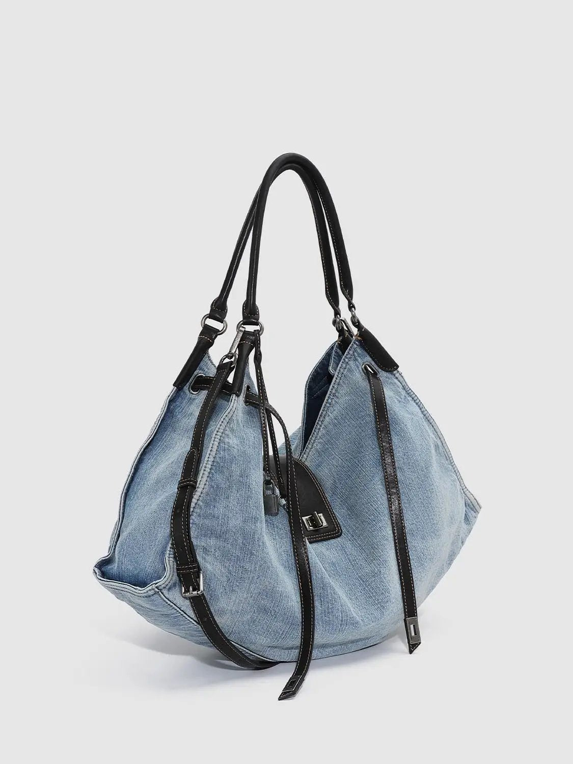 Denim With Leather Trim And Gradient Details Shoulder Bags