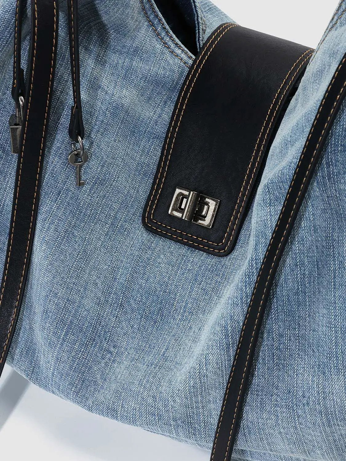 Denim With Leather Trim And Gradient Details Shoulder Bags